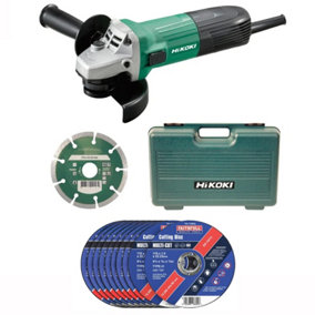 Hikoki 115mm 4.5" Angle Grinder Inc Diamond Disc + Cutting Discs 240v G12STX/CDJ