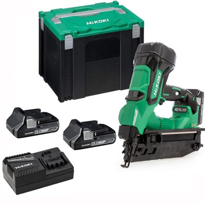 HiKOKI NT1865DMB 18V Brushless Angled Finish Nailer Kit 16G Nail Gun x2 3AH Batt DIY at B Q