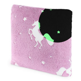 HILLINGTON Glow in the Dark Cushion Pillow - Soft Flannel Fleece Bedding, Perfect Gift for Kids Bedroom - Pink