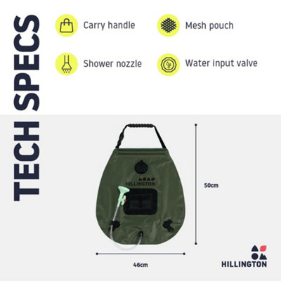 HILLINGTON Outdoor Portable Camping Travel Shower - 20L Solar Powered Water  Container, Large Shower Head u0026 Collapsible Bag (Green) | DIY at Bu0026Q