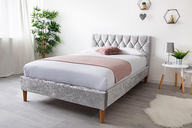 Hilton Silver Crushed Velvet Bed Double Size Frame 4Ft6 | Diy At B&Q