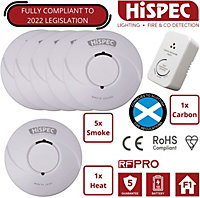 HiSpec Battery Powered Smoke Alarm and Heat Detector Kit: (5 Smoke, 1 Heat, 1 Carbon)