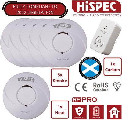 HiSpec Battery Powered Smoke Alarm and Heat Detector Kit: (5 Smoke, 1 Heat, 1 Carbon)