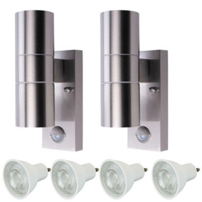 Hispec Coral Up and Down Lighting with PIR - Stainless Steel:  2x Lights & 4x GU10