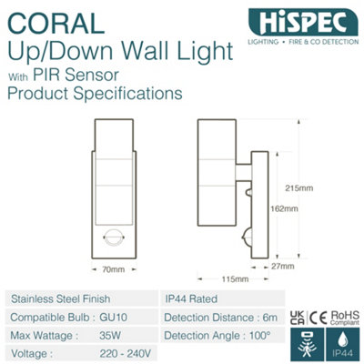 Hispec Coral Up and Down Lighting with PIR - Stainless Steel:  2x Lights & 4x GU10