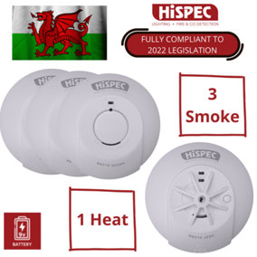 HiSpec Mains Powered Smoke Alarm and Heat Detector Kits with 9V Battery Backup: 3 Smoke/1 Heat