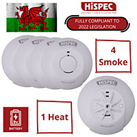 HiSpec Mains Powered Smoke Alarm and Heat Detector Kits with 9V Battery Backup: 4 Smoke/1 Heat