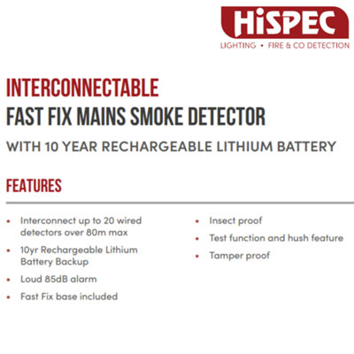 HiSpec Mains Powered Smoke Alarm with 10 Year Battery Backup