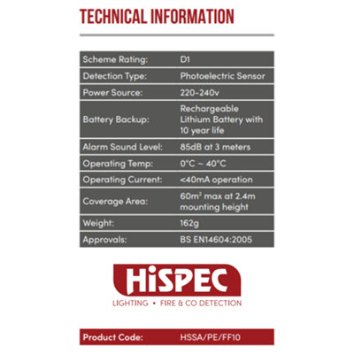HiSpec Mains Powered Smoke Alarm with 10 Year Battery Backup