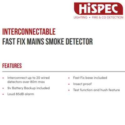 HiSpec Mains Powered Smoke Alarm with 9V Battery Backup