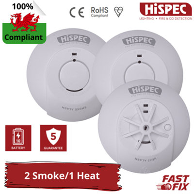 HiSPEC Mains Smoke Alarm & Heat Detectors: 10 Yr Battery 2 Smoke 1 Heat: Welsh Legislation Compliant