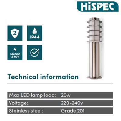 HiSpec Outdoor LED Bollard Light: Stainless Steel Exterior Lighting for Driveways, Walkways and Entrances: Single Pack