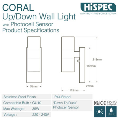 HiSpec Up Down Exterior Wall Light - Mains Powered with Photcell - Black