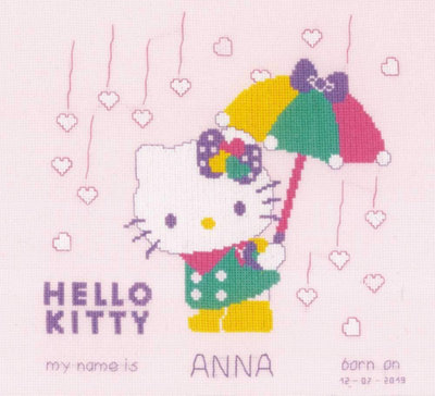 HK A SHOWER OF HEARTS - Counted Cross Stitch Kit: Birth Record: Hello Kitty: A Shower of Hearts - Vervaco