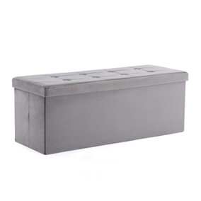 HNNHOME 110x40x40cm Velvet Pouffe Folding Storage Ottoman Footstool Box Toy Chest with Lid, Foldable Foot Stool Seat(Grey)