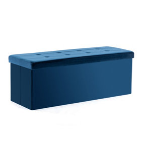 HNNHOME 110x40x40cm Velvet Pouffe Folding Storage Ottoman Footstool Box Toy Chest with Lid, Foldable Foot Stool Seat(Navy)