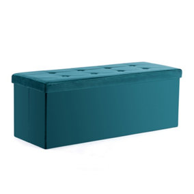 HNNHOME 110x40x40cm Velvet Pouffe Folding Storage Ottoman Footstool Box Toy Chest with Lid, Foldable Foot Stool Seat(Teal)
