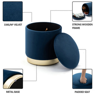 HNNHOME 37cm Round Dark Blue Velvet Ottoman Storage Box with Lid,Pouffe Seat Chair,Bedroom Dressing Stool with Gold Plating Base