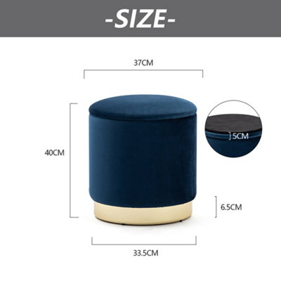 HNNHOME 37cm Round Dark Blue Velvet Ottoman Storage Box with Lid,Pouffe Seat Chair,Bedroom Dressing Stool with Gold Plating Base