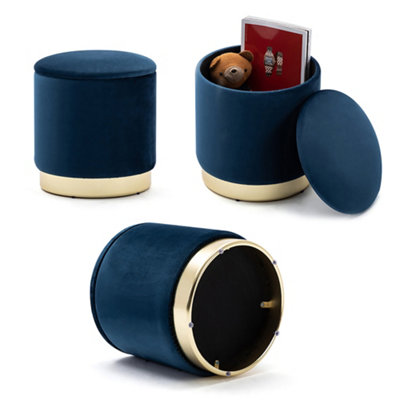 Hnnhome 37cm round dark blue velvet ottoman storage box with lid pouffe