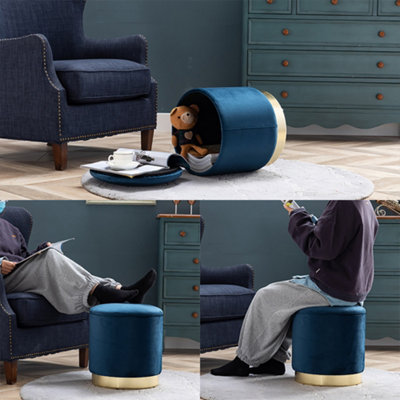 Hnnhome 37cm round dark blue velvet ottoman storage box with lid pouffe