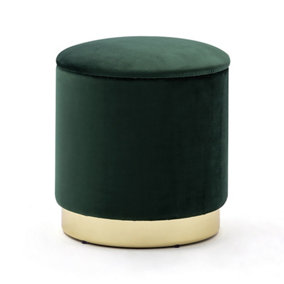 HNNHOME 37cm Round Dark Green Velvet Ottoman Storage Box with Lid,Pouffe Seat Chair,Bedroom Dressing Stool with Gold Plating Base