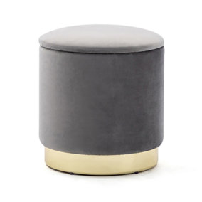HNNHOME 37cm Round Grey Velvet Ottoman Storage Box with Lid,Pouffe Seat Chair,Bedroom Dressing Stool with Gold Plating Base