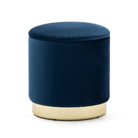 HNNHOME 37cm Round Velvet Ottoman Storage Box with Lid,Pouffe Seat Chair,Bedroom Dressing Stool with Gold Plating Base(Dark Blue)