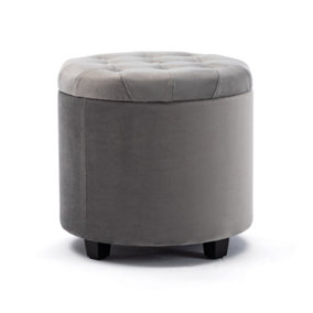 HNNHOME 45cm Round Grey Velvet Padded Seat Ottoman Storage Stool Box, Footstool Pouffes Chair with Lids