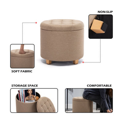 HNNHOME 45cm Round Linen Padded Seat Ottoman Storage Stool Box, Footstool Pouffes Chair with Lids (Beige)