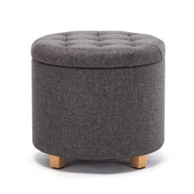 HNNHOME 45cm Round Linen Padded Seat Ottoman Storage Stool Box, Footstool Pouffes Chair with Lids (Charcoal)