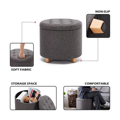 HNNHOME 45cm Round Linen Padded Seat Ottoman Storage Stool Box ...