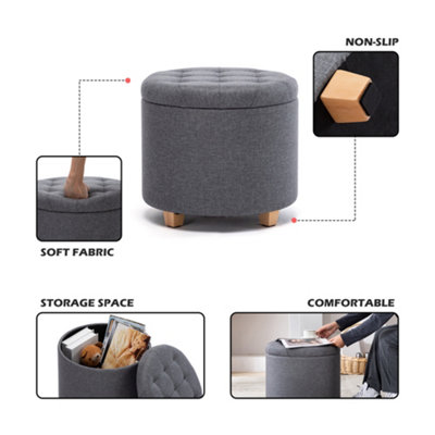 HNNHOME 45cm Round Linen Padded Seat Ottoman Storage Stool Box, Footstool Pouffes Chair with Lids (Grey)