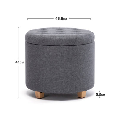 HNNHOME 45cm Round Linen Padded Seat Ottoman Storage Stool Box, Footstool Pouffes Chair with Lids (Grey)