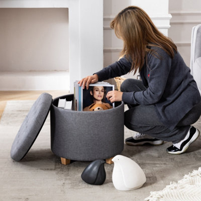 HNNHOME 45cm Round Linen Padded Seat Ottoman Storage Stool Box ...