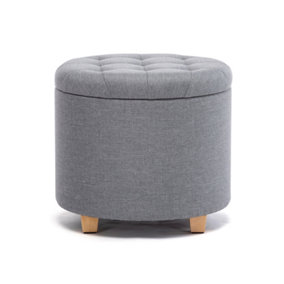 HNNHOME 45cm Round Linen Padded Seat Ottoman Storage Stool Box, Footstool Pouffes Chair with Lids (Light Grey)