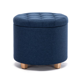 HNNHOME 45cm Round Linen Padded Seat Ottoman Storage Stool Box, Footstool Pouffes Chair with Lids (Navy)