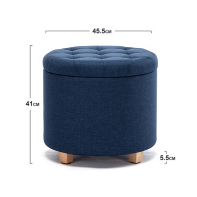 HNNHOME 45cm Round Linen Padded Seat Ottoman Storage Stool Box 