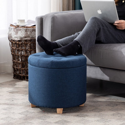 HNNHOME 45cm Round Linen Padded Seat Ottoman Storage Stool Box Footstool Pouffes Chair with Lids Navy