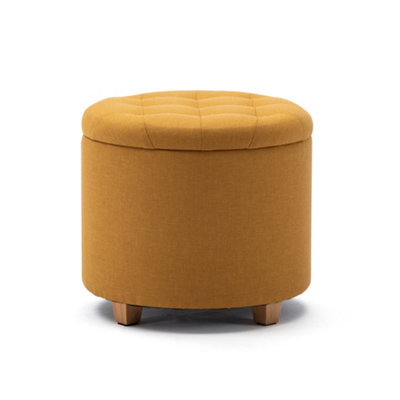HNNHOME 45cm Round Linen Padded Seat Ottoman Storage Stool Box, Footstool Pouffes Chair with Lids (Yellow)