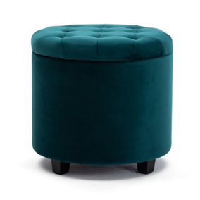 HNNHOME 45cm Round New Velvet Padded Seat Ottoman Storage Stool Box, Footstool Pouffes Chair with Lids (Teal, Velvet)