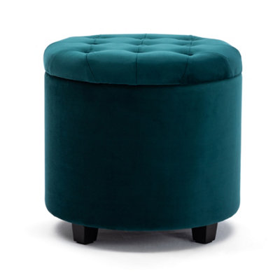 HNNHOME 45cm Round Teal Velvet Padded Seat Ottoman Storage Stool Box, Footstool Pouffes Chair with Lids