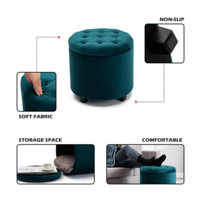 HNNHOME 45cm Round Teal Velvet Padded Seat Ottoman Storage Stool Box, Footstool Pouffes Chair with Lids