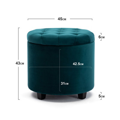 HNNHOME 45cm Round Teal Velvet Padded Seat Ottoman Storage Stool 
