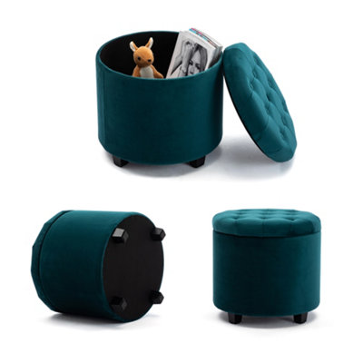 HNNHOME 45cm Round Teal Velvet Padded Seat Ottoman Storage Stool Box, Footstool Pouffes Chair with Lids