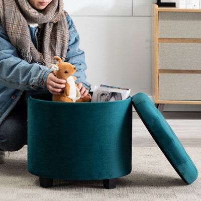 HNNHOME 45cm Round Teal Velvet Padded Seat Ottoman Storage Stool 