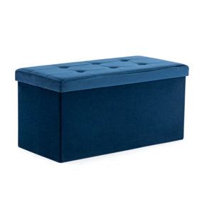 HNNHOME 82x40x40cm Velvet Pouffe Folding Storage Ottoman Footstool Box Toy Chest with Lid, Foldable Foot Stool Seat(Navy, Large)