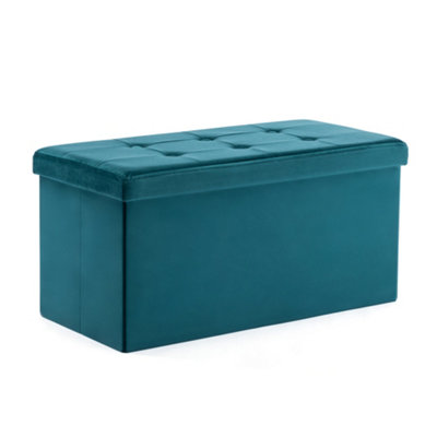 HNNHOME 82x40x40cm Velvet Pouffe Folding Storage Ottoman Footstool Box Toy Chest with Lid, Foldable Foot Stool Seat (Teal, Large)