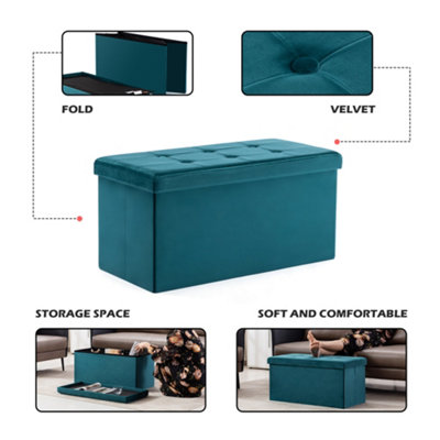 HNNHOME 82x40x40cm Velvet Pouffe Folding Storage Ottoman Footstool Box Toy Chest with Lid, Foldable Foot Stool Seat (Teal, Large)