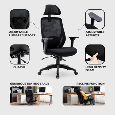 HNNHOME Black Recline Ergonomic Mesh Office Chair with Lumbar Support and Headrest